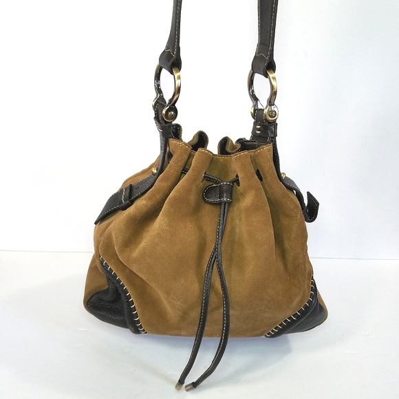 Vintage Donald J. Pliner Y2K Boho Soft Suede Leather Drawstring Bucket Hobo Bag - Picture 6 of 13